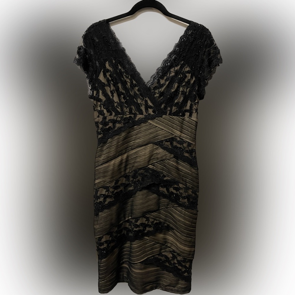 Fully Lined Plunge Neckline Black Lace & Nude Dress by MARINA Size 10